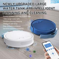 Intelligent sweeping robot with large water tank, mobile app control, and multiple cleaning modes on a modern floor.