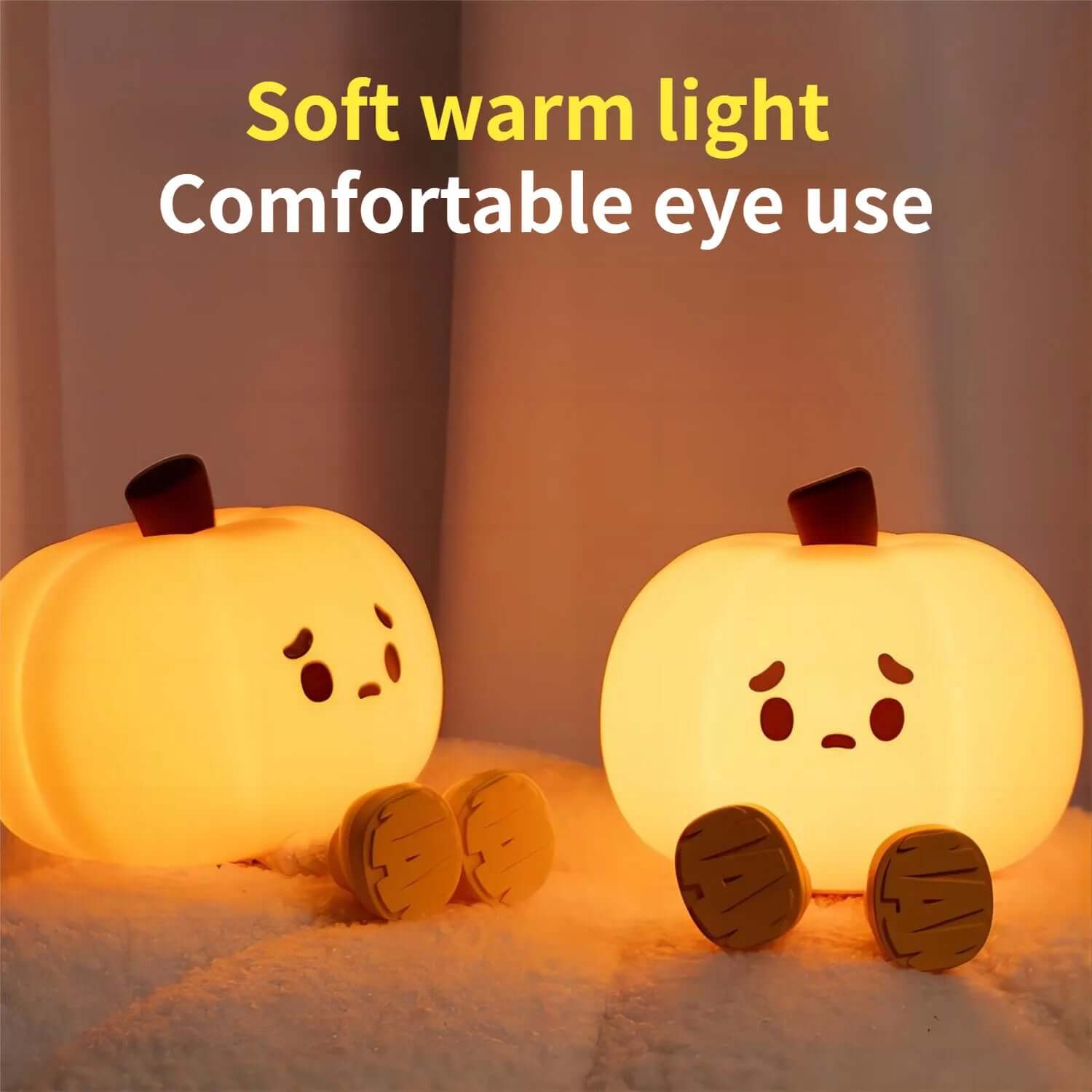 Cute silicone pumpkin night lights with soft warm glow, ideal for kids' rooms and Halloween decorations.