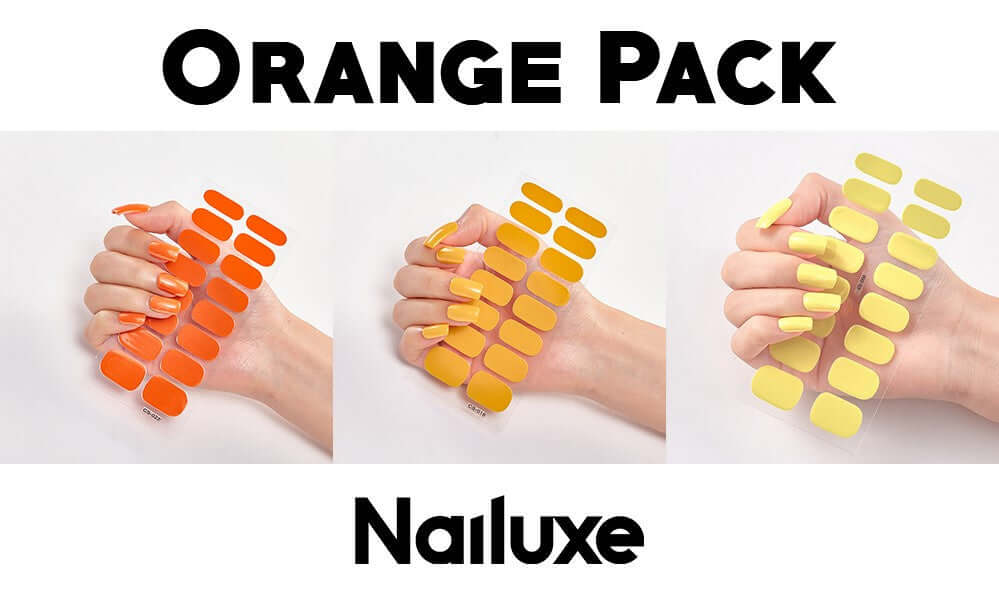 Orange Pack of Nailuxe nail stickers showcasing vibrant orange and yellow shades on nails.