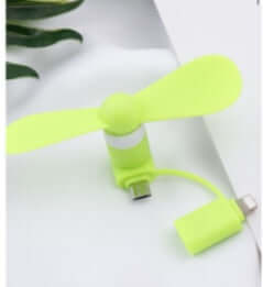 Compact mobile mini fan for iPhone, iPad, and Android devices in bright green color, lightweight and low noise.