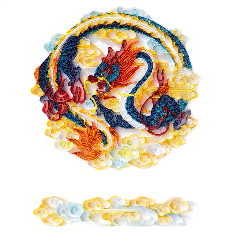 Colorful quilted paper illustration of a dragon among clouds, perfect for home and event decoration.