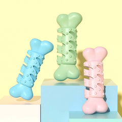 Colorful dog bone-shaped teething toys in blue, green, and pink, made of TPR for chewing and teething.