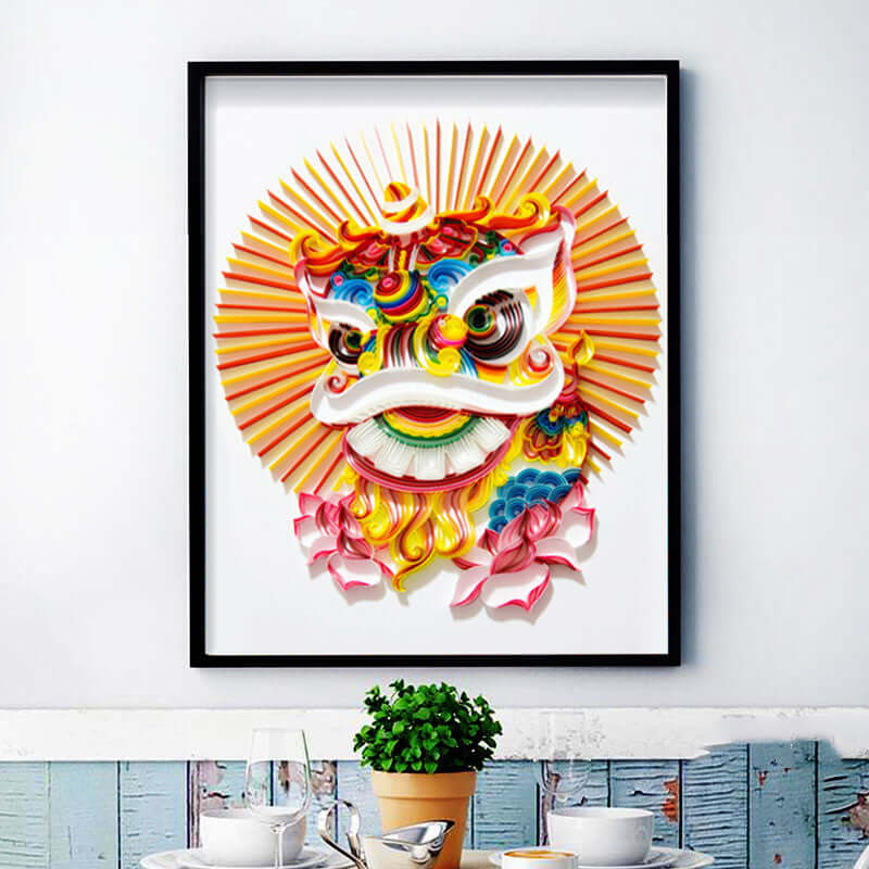 Colorful dragon mask illustration framed for home decoration, adding festive charm to any room.