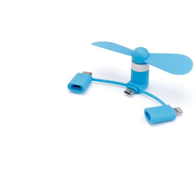 Blue mobile mini fan compatible with iPhone and Android, compact, lightweight, eco-friendly, low noise.