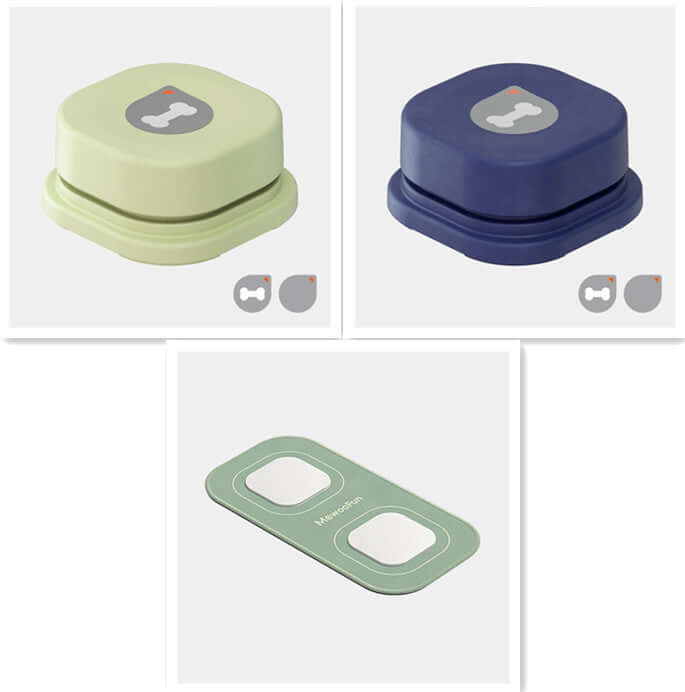 Four pet communication buttons in green and navy colors for dogs and cats, designed for easy recording.