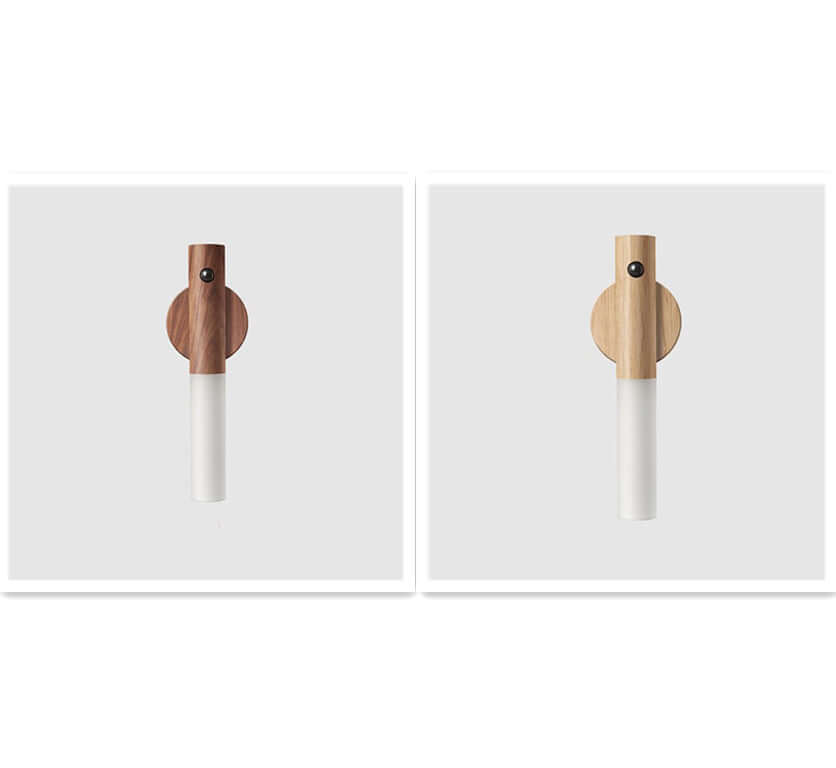 Auto LED USB magnetic wood wall light with PIR motion sensor, available in two designs, soft warm light.