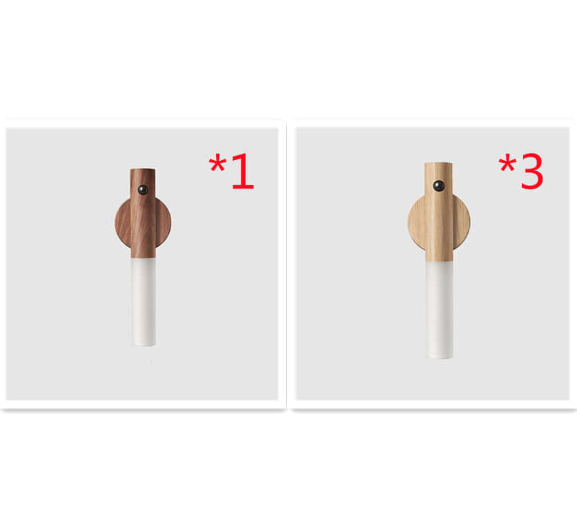 Two styles of magnetic wooden wall lamps with LED light, showcasing modern design and warm lighting.