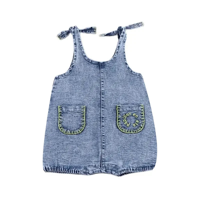 Summer denim collection girls dress set cute baby rompers boys casual shirt girls skirt family clothing set contrast pockets