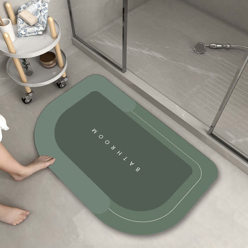 Modern oval bathroom mat in Baikal matcha color, absorbent and quick-drying, perfect for home use.