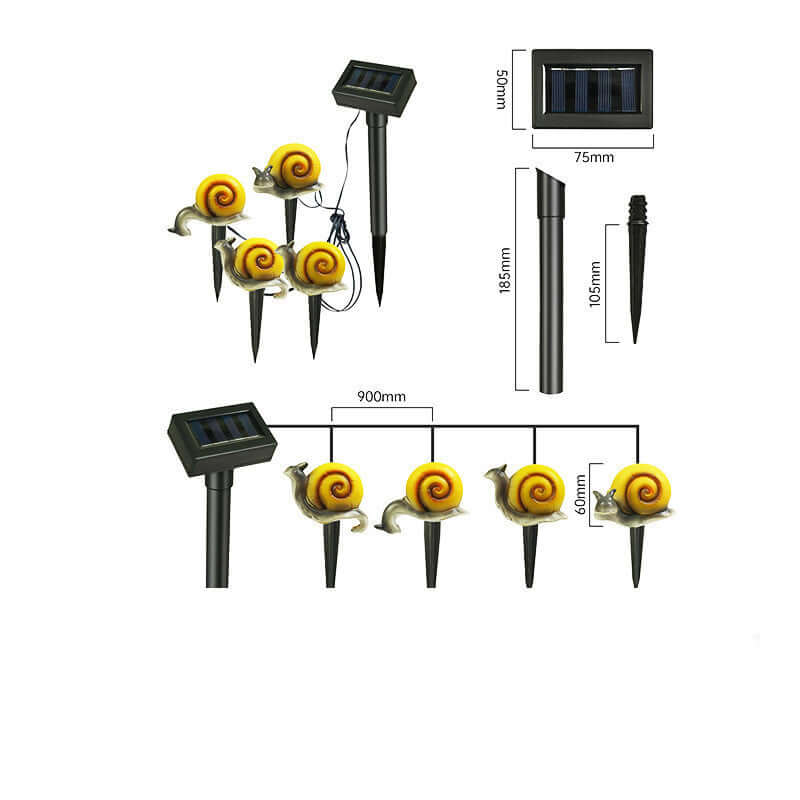 Waterproof solar garden light featuring snail designs, LED illumination for home decor, charging and usage details included.