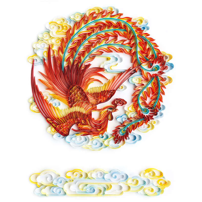 Colorful quilted paper illustration of a phoenix and ornamental clouds, ideal for home and party decoration.