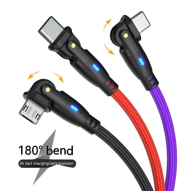 180-degree bend fast charge data cable for Android with type-C, micro, and Apple interfaces in black, red, and purple.