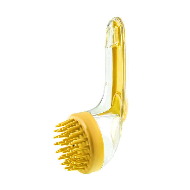 Long handle pet bath brush with soft bristles for grooming dogs and cats, easy to refill with shampoo.