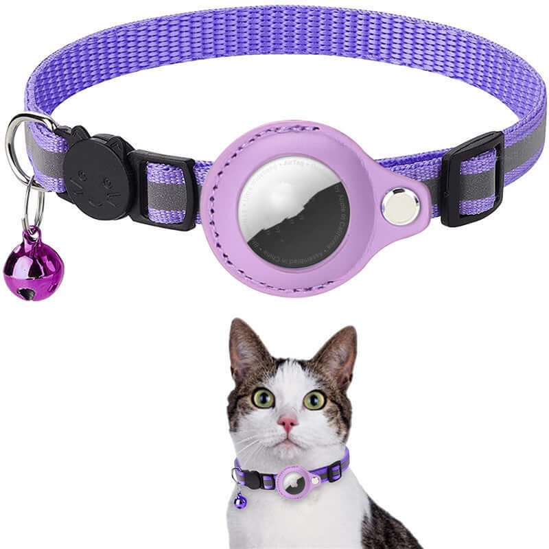 Purple reflective nylon collar with AirTag holder and bell for cats, featuring a solid design and durable construction.
