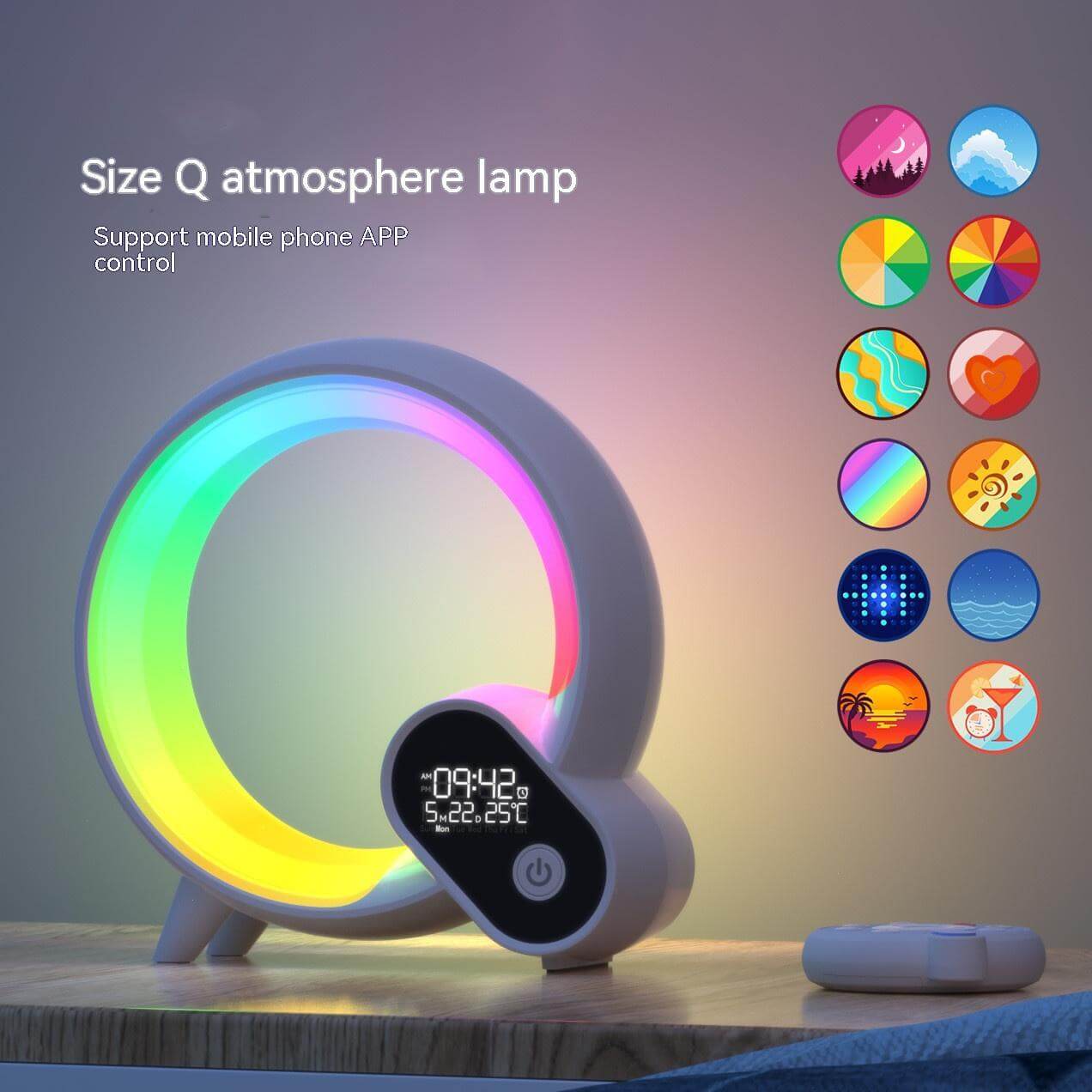 Size Q atmosphere lamp with colorful LED lights and digital display, supports mobile app control.