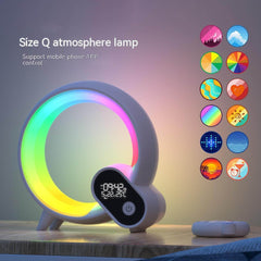 Size Q atmosphere lamp with colorful LED lights and digital display, supports mobile app control.