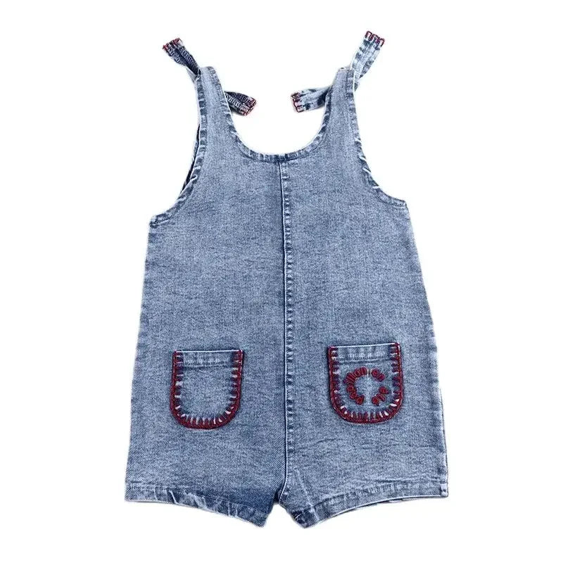 Summer denim collection girls dress set cute baby rompers boys casual shirt girls skirt family clothing set contrast pockets