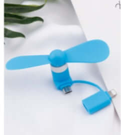 Compact blue mobile mini fan for iPhone and Android, low noise, eco-friendly, ideal for cooling on the go.