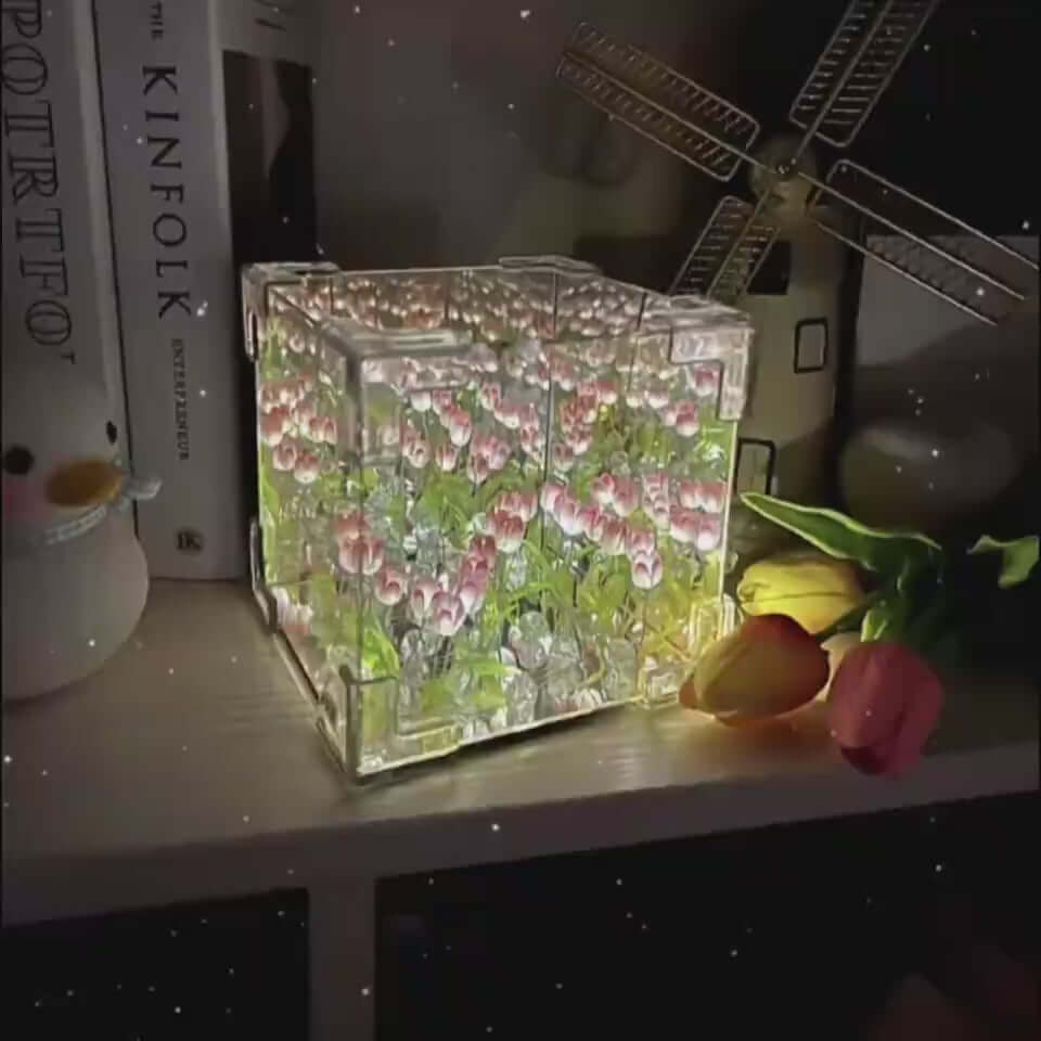 Handmade mirror tulip night light in a decorative setting, perfect for romantic home decor and DIY projects.