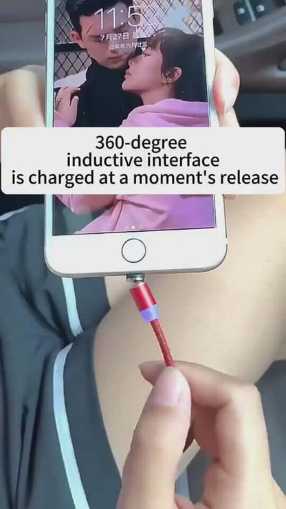 Person demonstrating a magnetic data line cable with 360-degree inductive interface for quick charging.