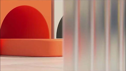 Abstract composition featuring colorful shapes in orange, red, and black against a blurred background.