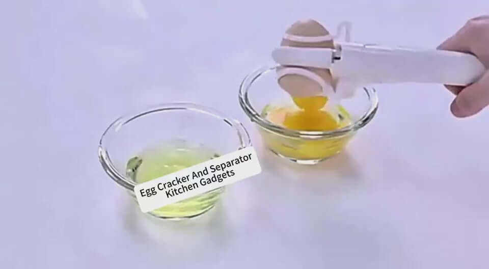 Handheld egg shell cracker and separator tool in action, showcasing egg yolk and whites in separate bowls.
