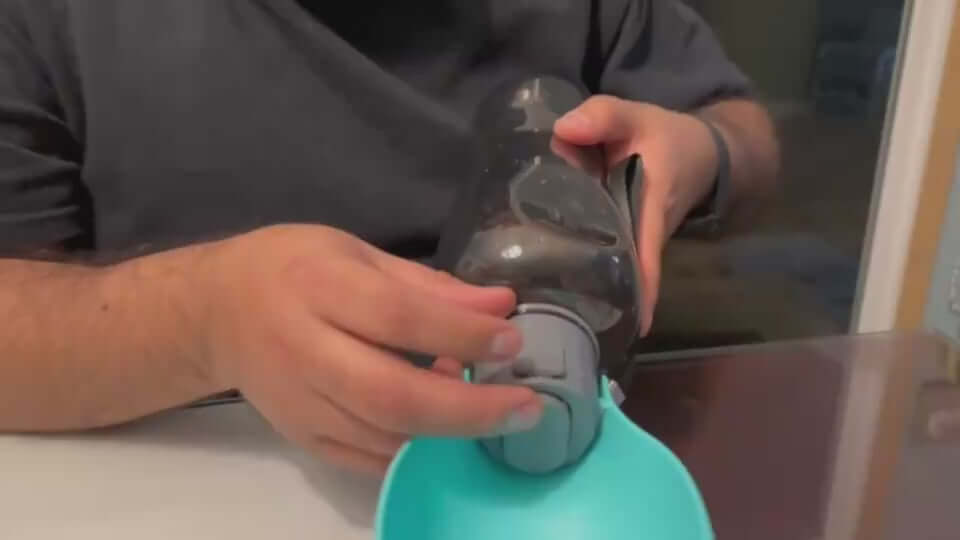 Person using a portable 800ml dog water bottle with built-in bowl for outdoor walking supplies.