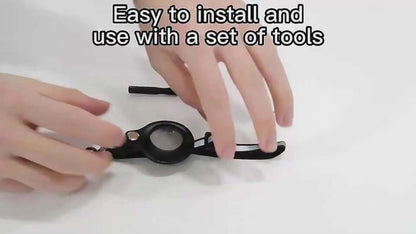 Hands demonstrating installation of a reflective collar holder for Airtag, showcasing ease of use with tools.