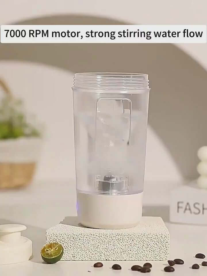 7000 RPM electric shaker bottle showing strong stirring flow for smooth mixing in a stylish setting.