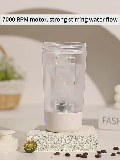 7000 RPM electric shaker bottle showing strong stirring flow for smooth mixing in a stylish setting.