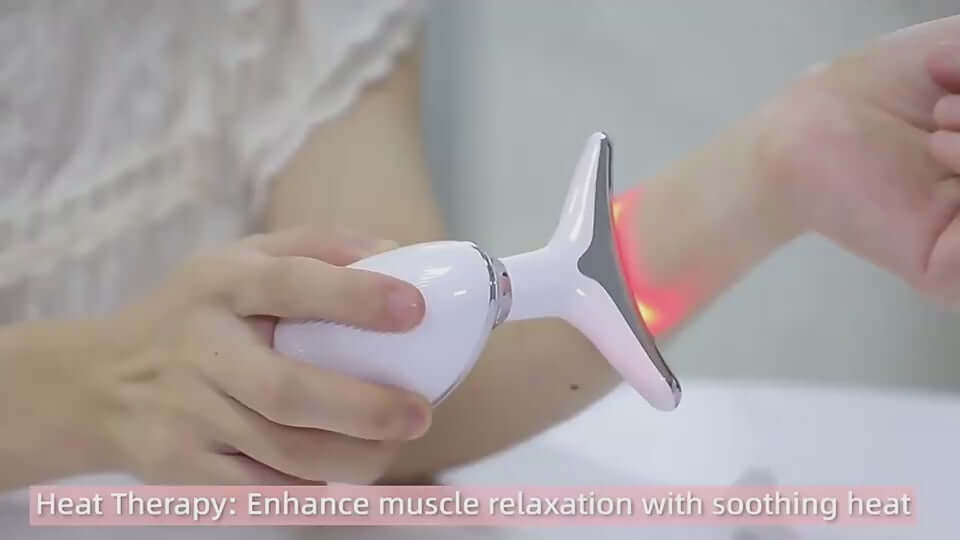 Woman using EMS thermal neck lifting massager for heat therapy and muscle relaxation.