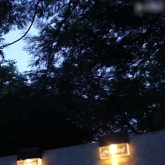 Waterproof RGB LED solar light illuminating a garden fence at dusk, surrounded by trees.